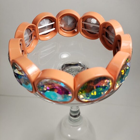 Chunky Iridescent Rhinestone Stretch Salmon Pink bracelet - Bold Women's Jewelry - Picture 3 of 8